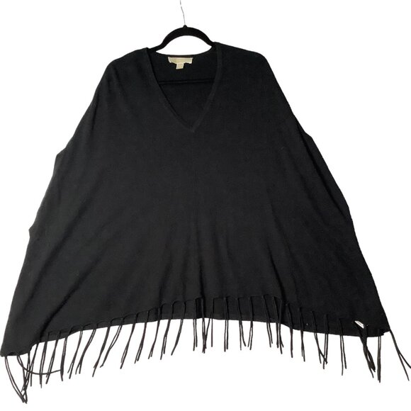 Michael Michael Kors Black Knit Poncho Sweater Boho Fringe Hem Women S/M Staple - Picture 1 of 9
